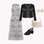 Seasonal Capsule outfit; petite midi-length dress with halter neckline, tweed black and white waisted-cropped jacket.