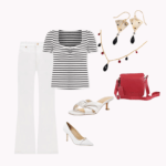 Seasonal capsule spring black and white outfit. White wide leg leg denim, stripped shirt, sweatheart neckline and puff sleeves, accessories in red and gold.